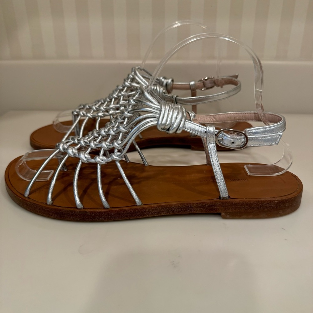 Stuart Weitzman Seaside Silver Metallic Leather Gladiator Sandals Size 8.5 - Picture 5 of 14